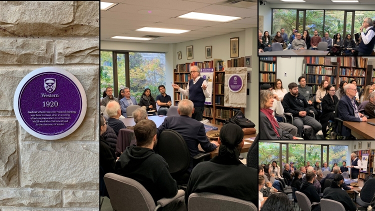 Five images in a collage: a plaque commemorating Sir Frederick Banting's initial inspiration for the discovery of insulin; Dr. Rob Hegele discussing this discovery to an audience; two more images of the same, and a third image of only the audience. One of the walls of the room is floor-to-ceiling windows with greenery visible outside and another is a series of full bookshelves